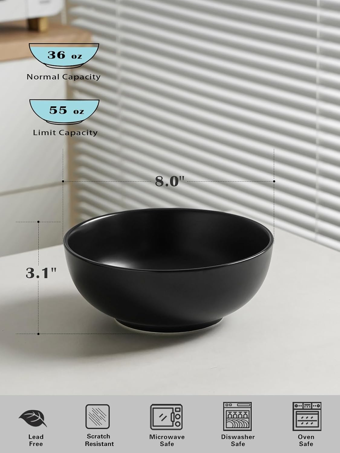 Kanwone Large Serving Bowls - 55 Ounce, Ceramic Salad Bowls, Pasta, Porcelain Soup Bowls, Set of 2, Serving Dishes for Entertaining, Microwave and Dishwasher Safe, Matte Black, Housewarming Gift