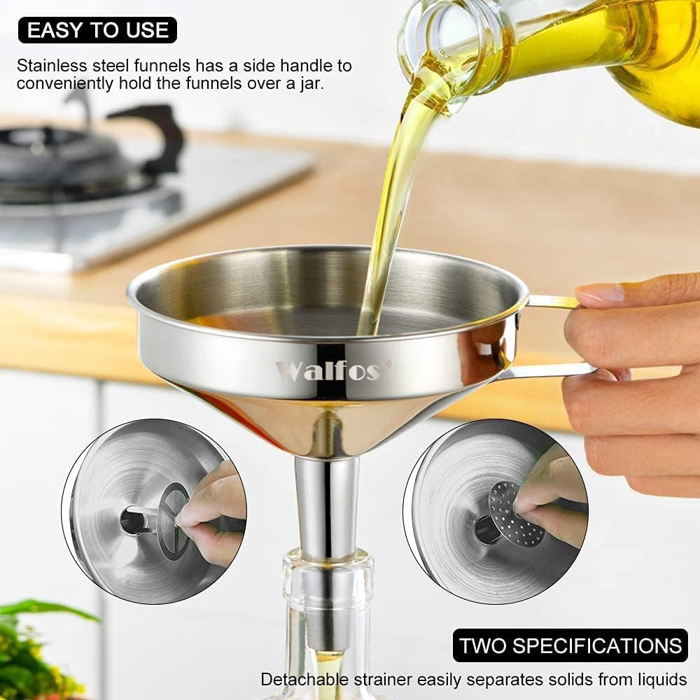 Stainless Steel Funnel, Walfos 4 Pack(4in、3 in、2.2 in、1.7in Kitchen Funnel with 2 Removable Strainer ＆ 1Pcs Cleaning Brush, Perfect for Transferring of Liquid, Oils, Jam, Dry Ingredients & Powder