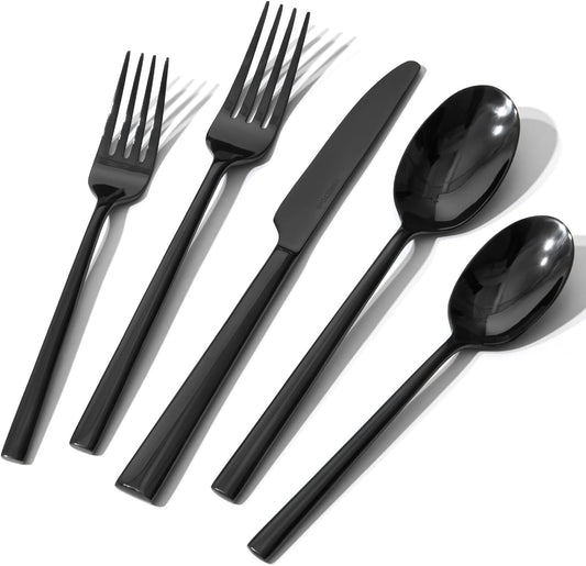 KINGSTONE Black Silverware Set, 40-Piece Forged Flatware Set Cutlery Set Premium Stainless Steel, Service for 8, for Kitchen, Home, Wedding, Party, Mirror Polished and Dishwasher Safe