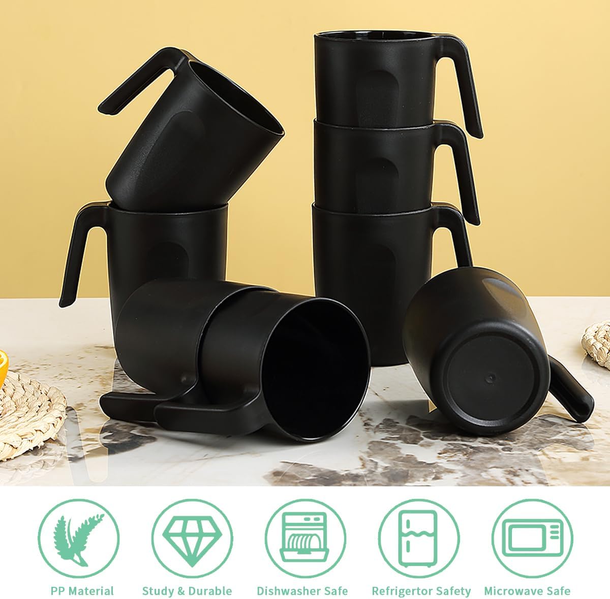 Kyraton Plastic Mug Set 12 Pieces, Black Unbreakable And Reusable Light Weight Travel Coffee Mugs Espresso Cups Easy to Carry And Clean, Dishwasher Safe