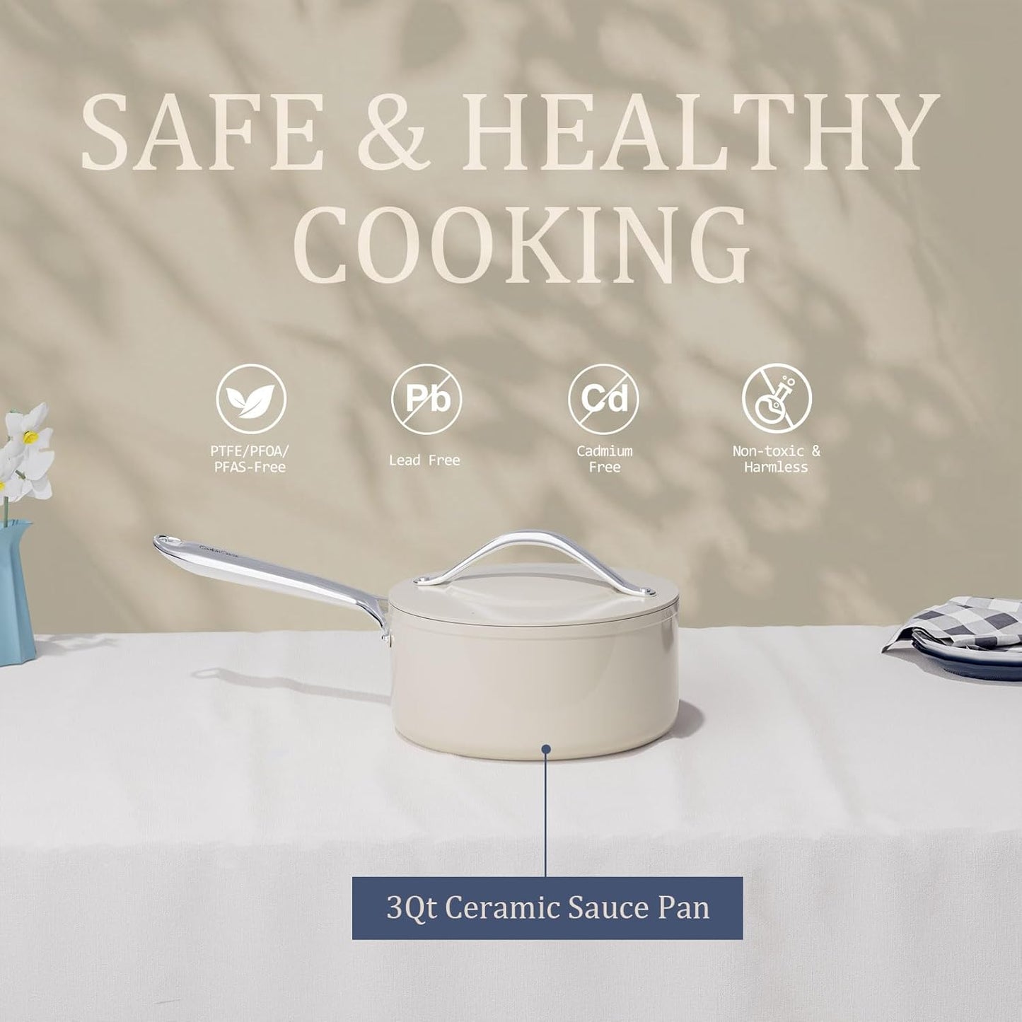 3.5qt Nonstick Ceramic Sauce Pan with Lid (8.19") Even Heat Distribution, Non Toxic & PFAS Free Healthy Cooking Pot for All Stovetops (Induction/Gas/Electric), Oven Safe 500°F, Cream