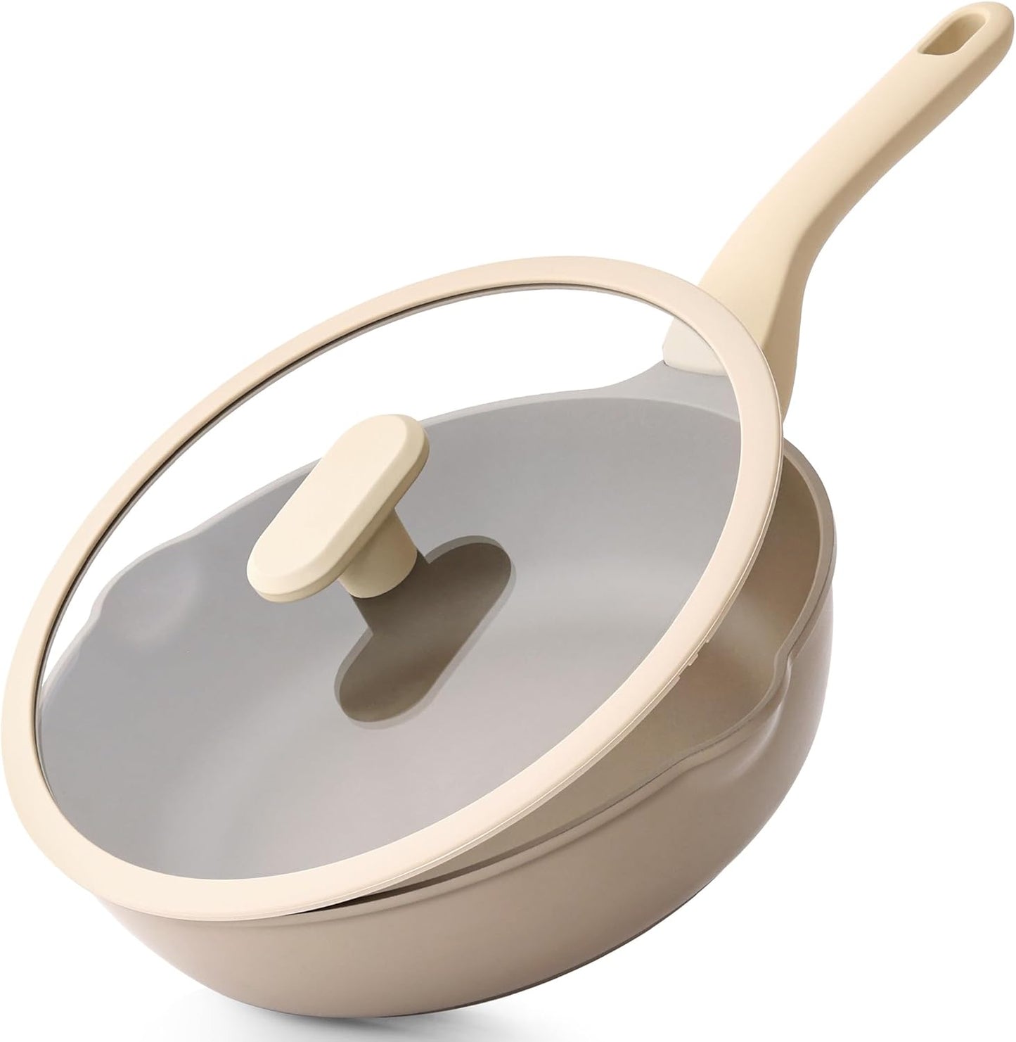 Nonstick Deep Frying Pan with Glass Lid, 10 Inch (3.2 qt), 5X Durable Nonstick Sauté Pan, Scratch & Stain Resistant, PFOA Free, Induction Compatible, Dishwasher & Oven Safe, Natural Linen