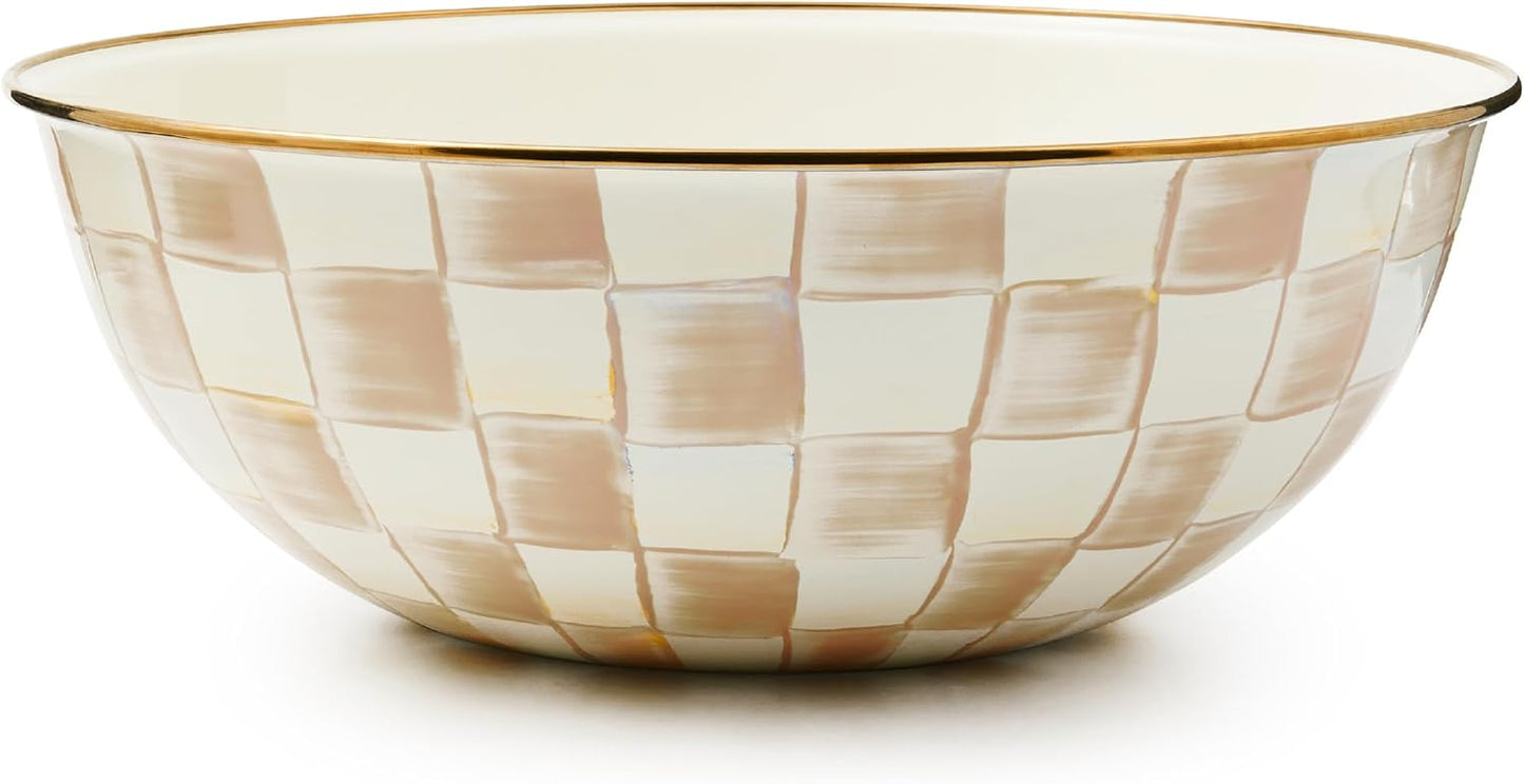MACKENZIE-CHILDS Enamel Everyday Bowl, Serving Bowl for Entertaining, Extra Large, Brown-and-White Mocha Check
