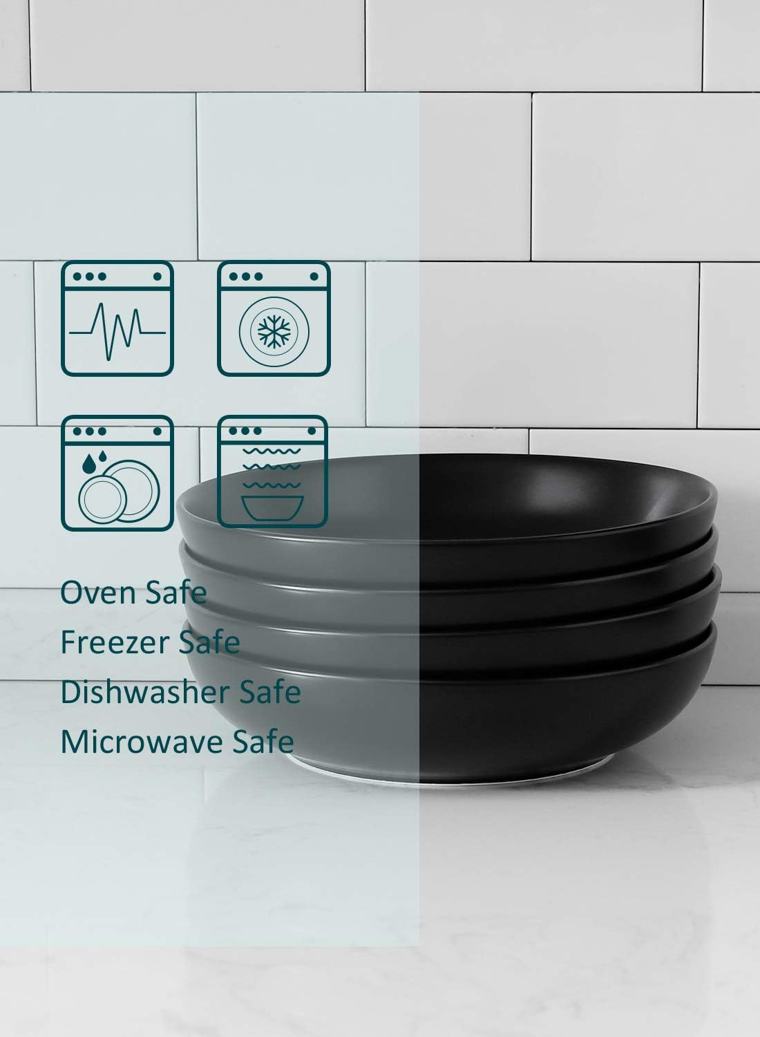 Teocera Matte Black Pasta Bowls Set of 4-35oz Large Oversized Porcelain Bowls for Spaghetti & Salad | Heat-Resistant, Chip-Resistant, Microwave & Dishwasher Safe | Smooth Non-Porous Surface