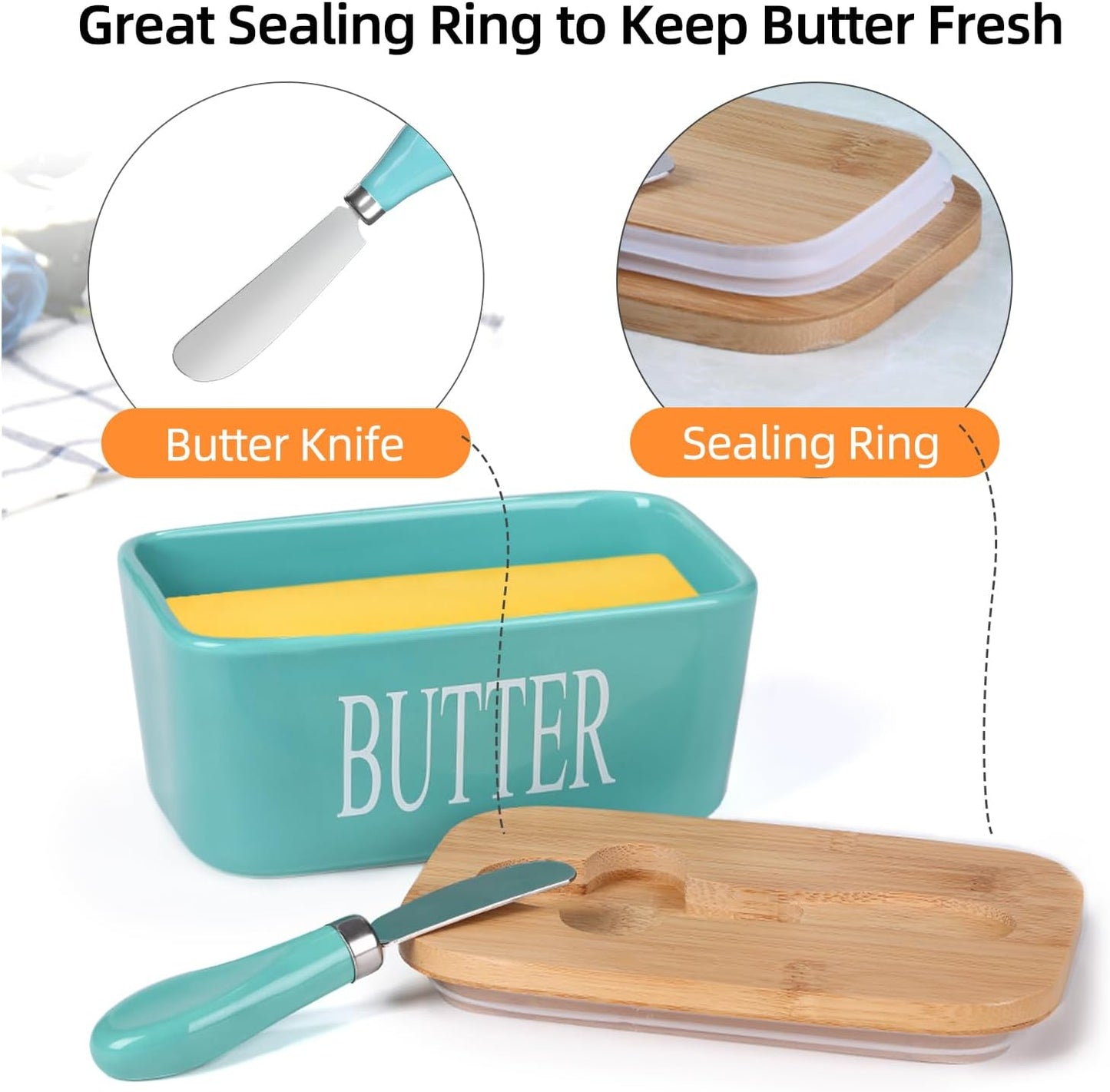 Ceramic Butter Dish with Wooden Lid, Large Butters Container Keeper Storage with Stainless Steel Knife Spreader, Bamboo Cover and Silicone Sealing Ring for West East Coast, Aqua