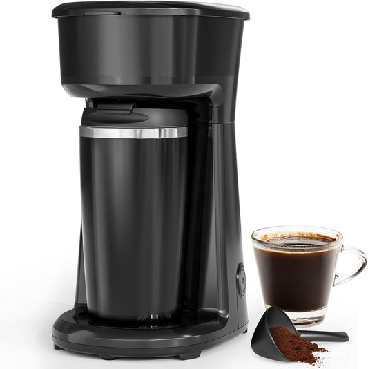 Single Serve Drip Coffee Maker with Travel Mug, One-Touch Operation, Fast Brew, Compact Small Coffee Maker with Removable Filter,Ideal for Home, Office, or On the Go(Black)