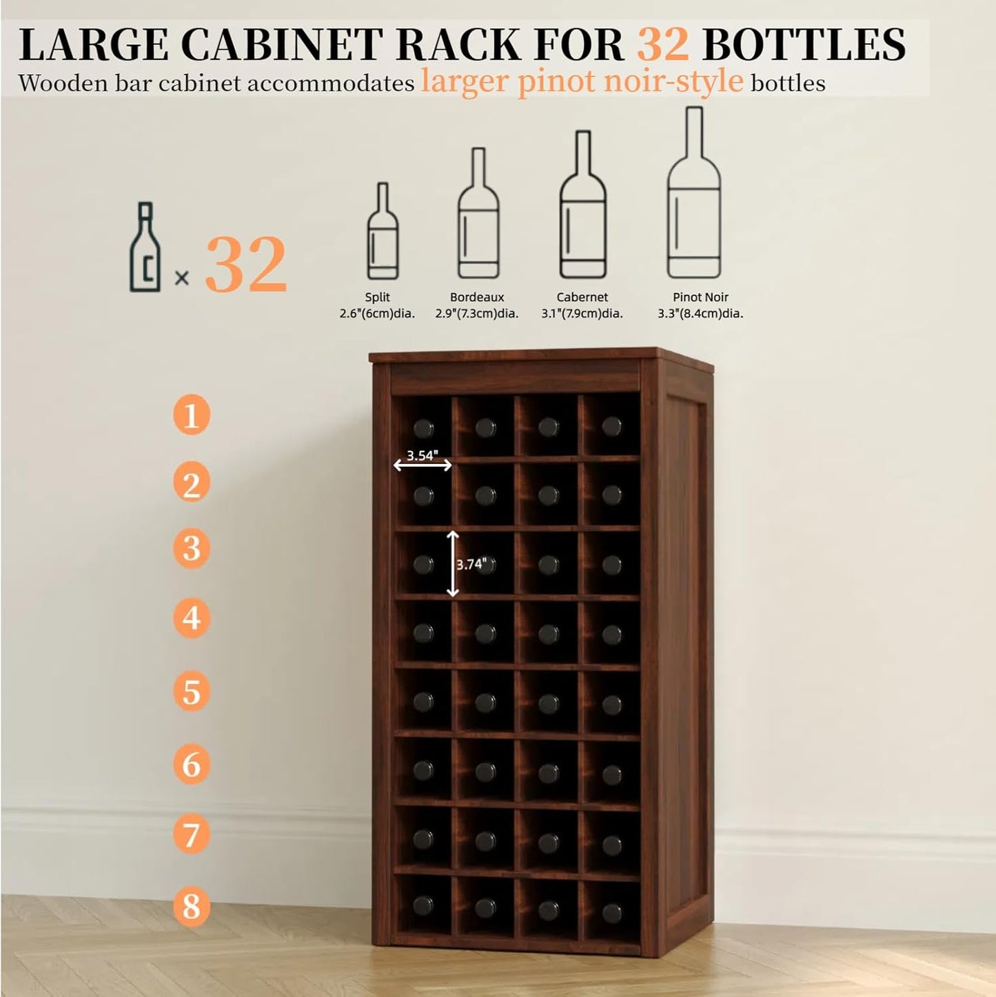 WERSMT 8-Tier Wine Rack Freestanding Floor, 32 Bottles Wood Wine Rack Counter for Small Space, Farmhouse Stackable Modular Wine Bottle Holder Rack, Walnut
