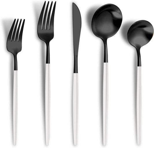 Matte Black White Silverware Set for 4,Modern Stainless Steel Brushed Cutlery Set,20-Pieces Heavy Duty Flatware Set,Knives Spoons and Forks Set Utensils Set, Satin Finish, Dishwasher Safe