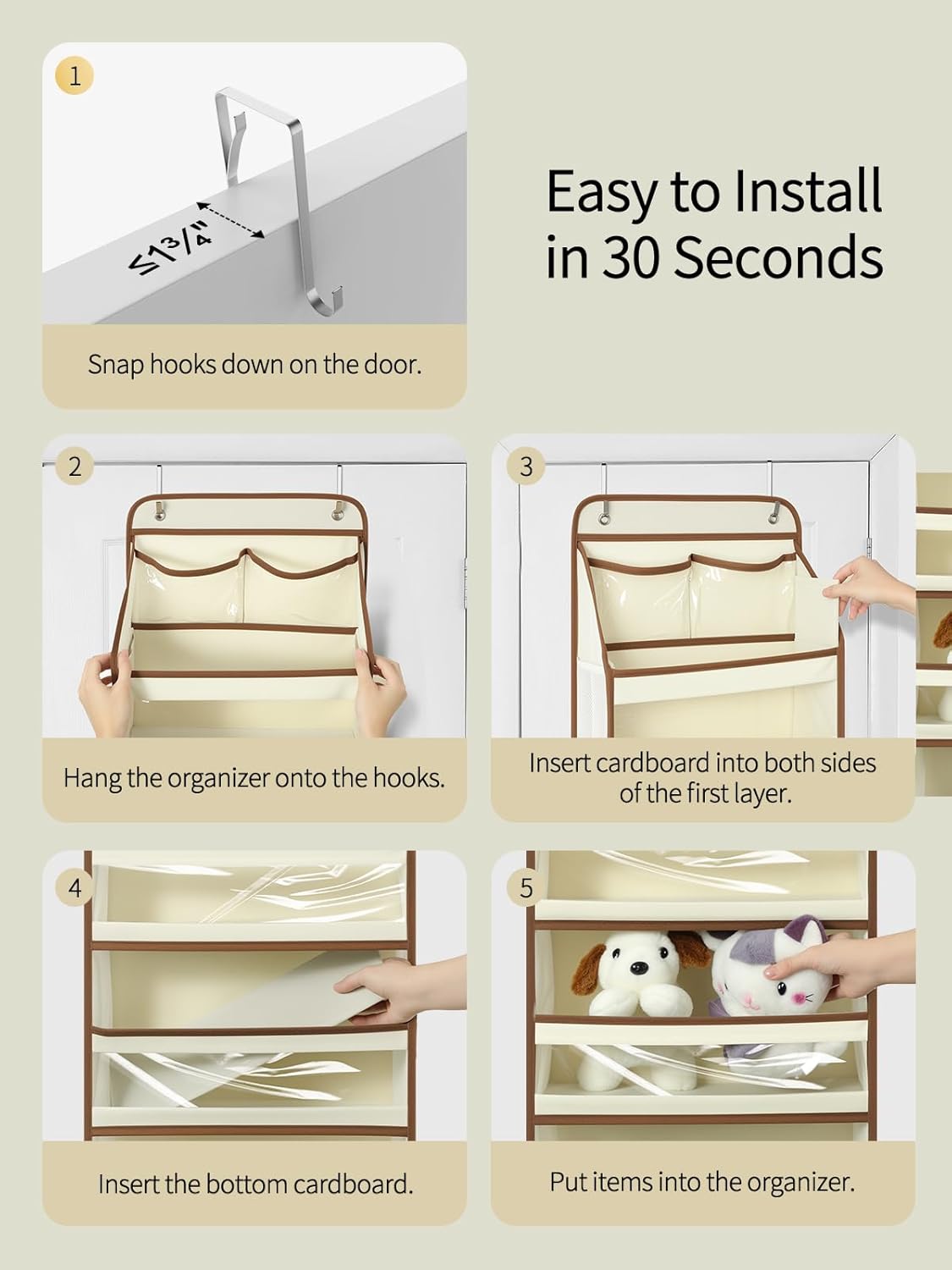 Yecaye 5 Tier 1Pc Over the Door Organizer, Swing-proof Door Organizer Hanging with Clear PVC Windows, Behind the Door Storage for Bedroom Nursery Closet Laundry Pantry Bathroom, Beige