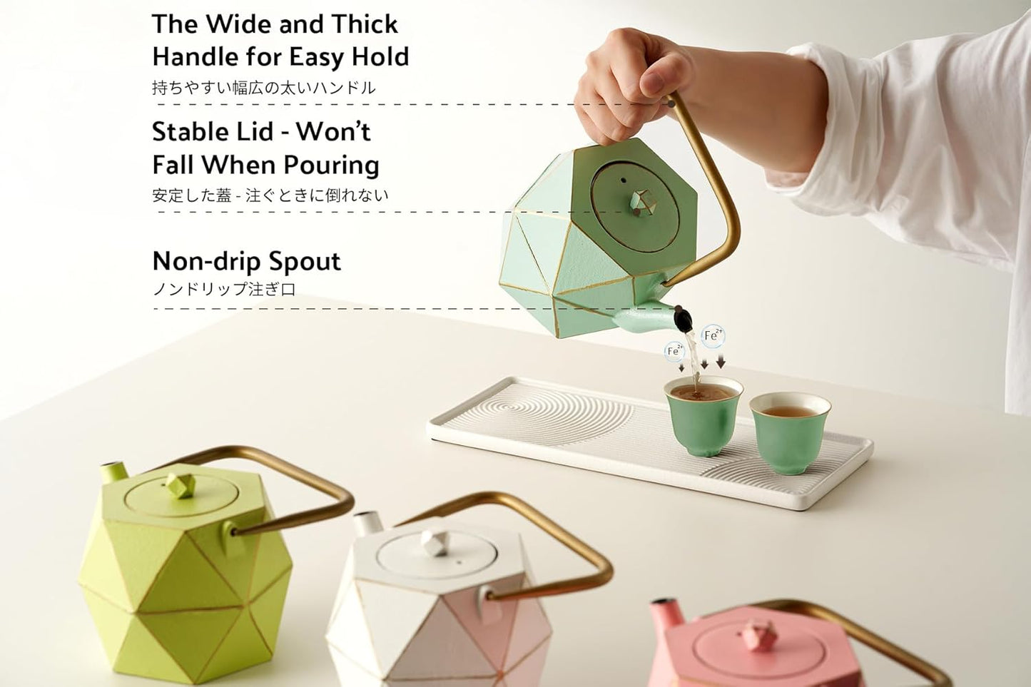 Toptier Cast Iron Teapot, Stovetop Safe Japanese Cast Iron Tea Kettle, Diamond Design Tea Pot with Removable Infuser for Loose Tea, 30 Ounce (900 ml), Light Green