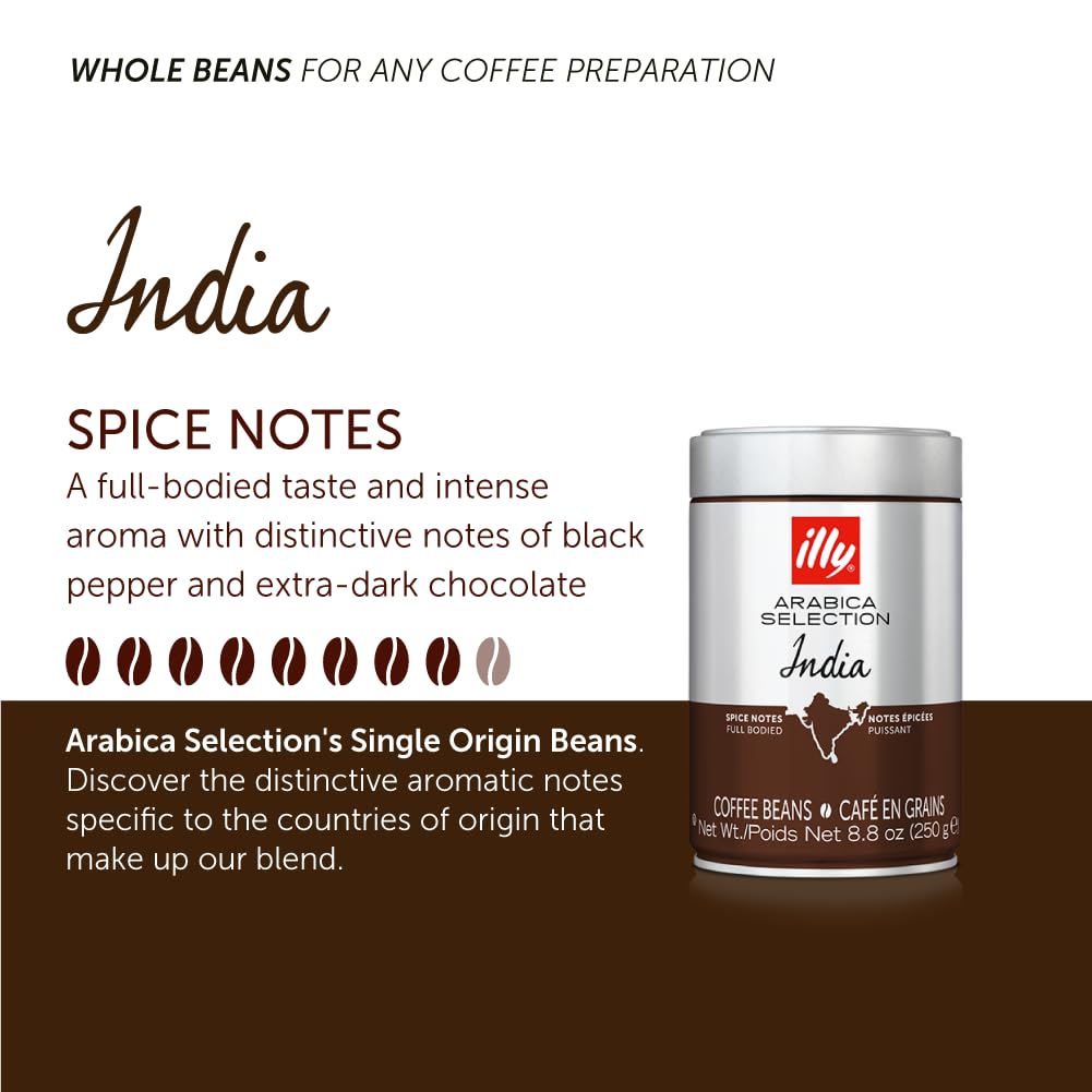 illy Whole Bean Coffee, Arabica Selections, India, Single Origin, 100% Arabica, All-Natural, No Preservatives, 250g (Pack of 1)