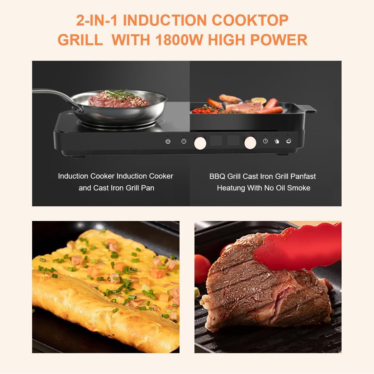 Portable Double Induction Cooktop with Removable Non-Stick Cast Iron Griddle Pan, 2 Burner Electric Stove with Timer & Digital Temperature Control, Black