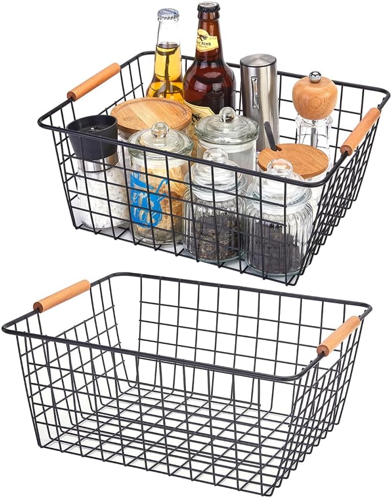 LeleCAT Large black wire baskets for Organizing with Wooden Handles for storage pantry, Storage Organizer Baskets, Household Snack Basket for Cabinets, Closets, Bedrooms, kitchen - Set of 2（Black）