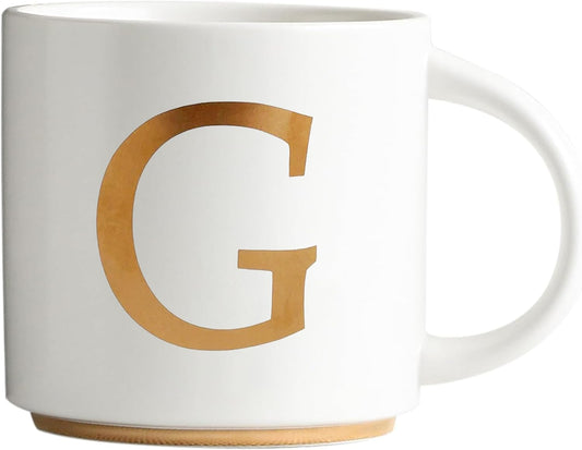 COLLECTIVE HOME - Monogram Ceramic Mugs, 15 oz Golden Initial Coffee Cups, Elegant Alphabet Tea Mugs, Elegant Personalized Mug with Gift Box, Unique Mug with Double Side Capital Letter (G)