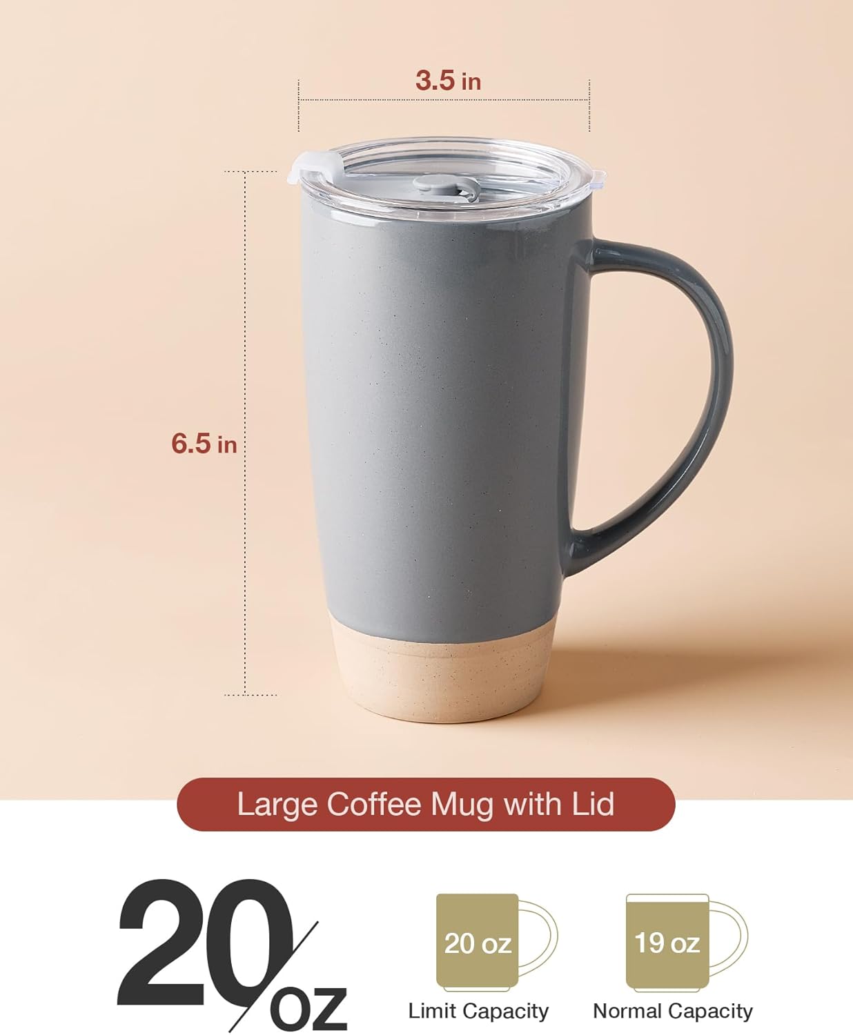 famiware Milkyway Coffee Mugs, 20oz Large Coffee Mug, Ceramic Mug Set of 2 with Lid, Cup Set with Handle for Latte, Tea, Cocoa, Milk, Home & Office, Dark Gray