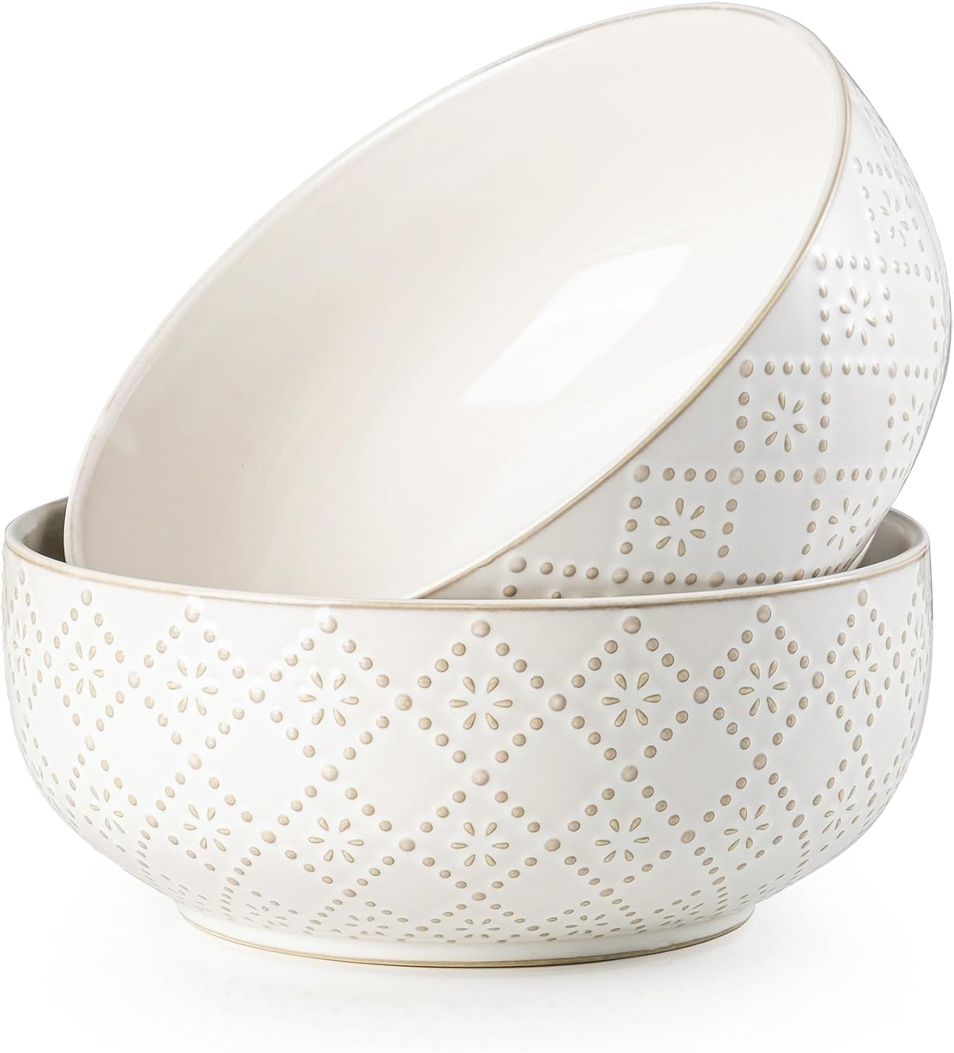 Large Serving Bowls, 8 inch 60 OZ Salad Bowls Set of 2, Ceramic Bowl Set for Salad，Ramen, Soup, Cereal and Entertaining, Farmhouse Decorative, Dishwasher & Microwave Safe, Off-White