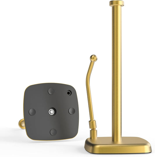 Paper Towel Holder Countertop Gold, Paper Towel Dispenser Standing Weighted Base Non-Slip, Spring Arm Fit Most Size Tissue Roll, Stainless Steel Paper Towel for Home Kitchen Tabletop