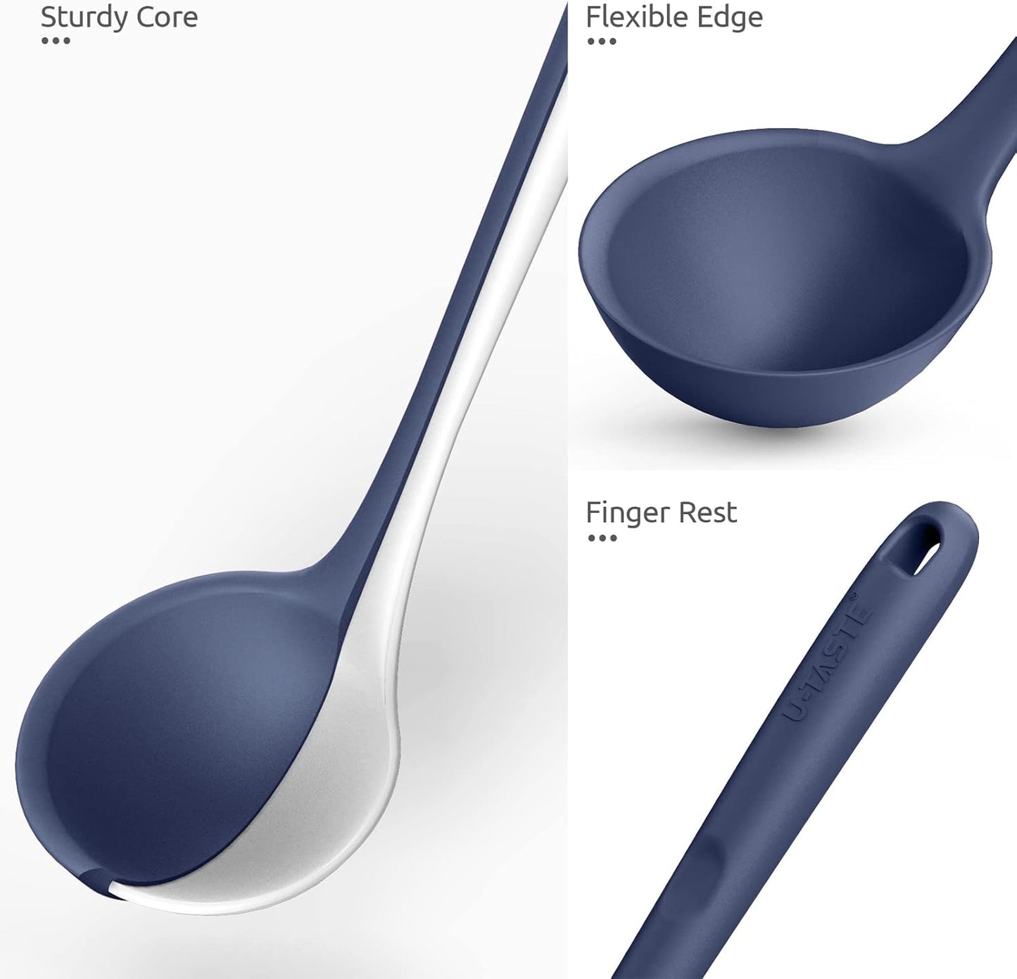 13 inch Silicone Soup Ladle: U-Taste 600ºF Heat Resistant 4 oz Large Non-stick Seamless Rubber Kitchen Deep Serving Spoon with Non Slip Long Handle for Cooking Sauce Stews Gravy (Midnight Blue)