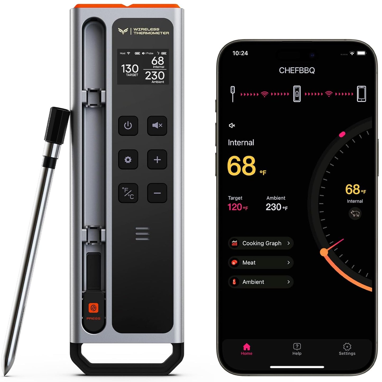 Meat Thermometer Digital Wireless, 800FT Long Range Bluetooth Cooking Thermometer, Food Thermometer for Remote Monitoring of Grill, Oven, Smoker, Air Fryer, Rotisserie, iOS & Android App