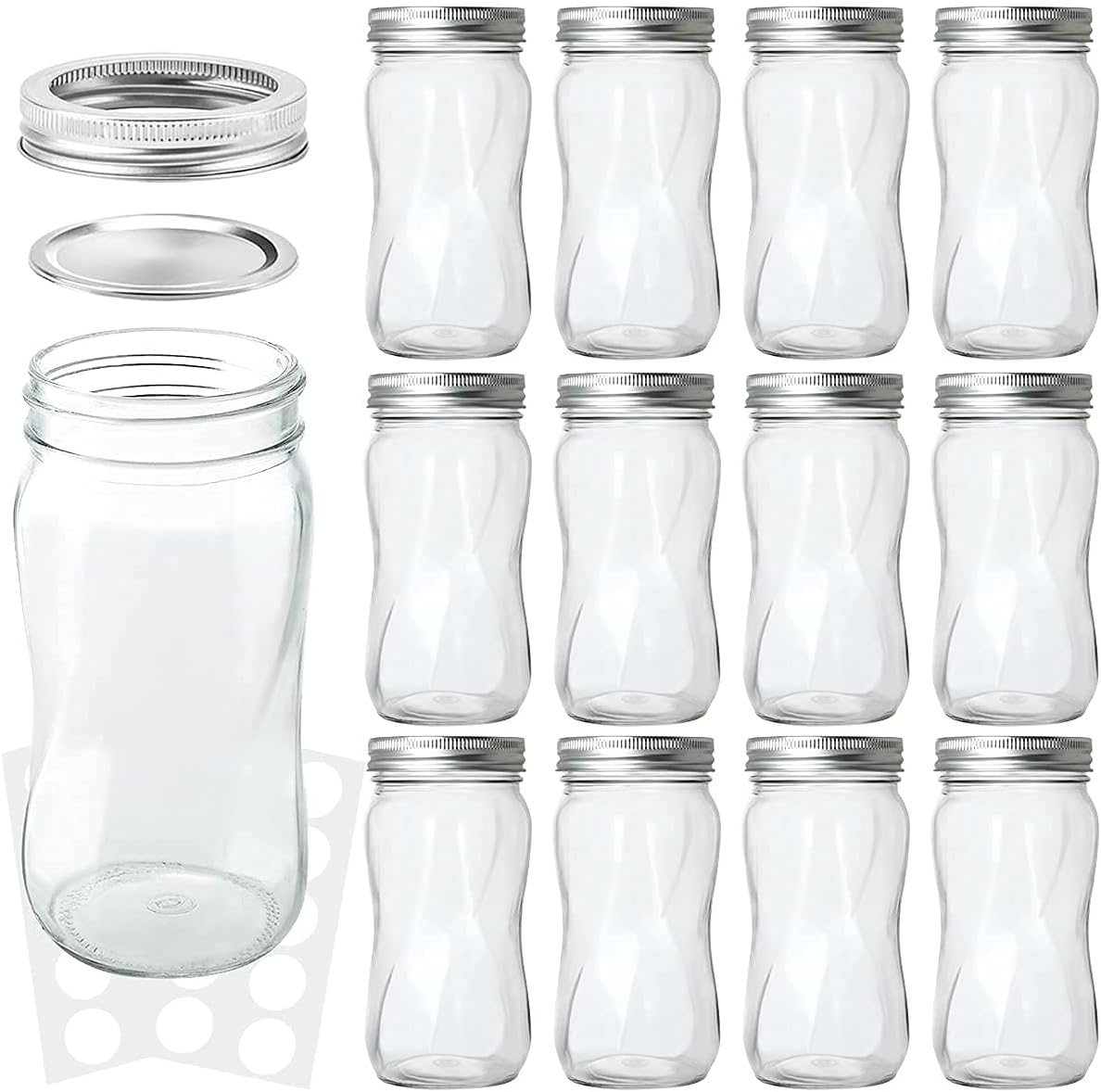 KAMOTA Mason Jars 16 OZ With Regular Lids and Bands, Ideal for Meal Prep, Jam, Honey, Wedding Favors, Shower Favors, DIY Spice Jars, 12 PACK, 20 Whiteboard Labels Included