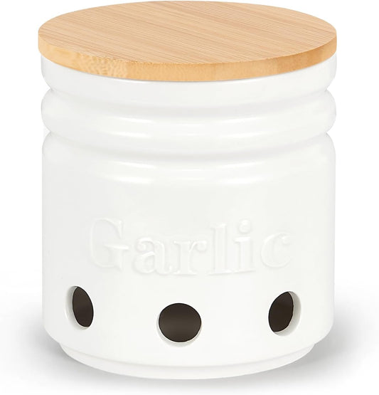 Garlic Keeper for Counter - Garlic Holder with Bamboo Lid,Garlic Container to Keep Your Garlic Cloves Fresh Longer,Large Ceramic Garlic Storage for Kitchen