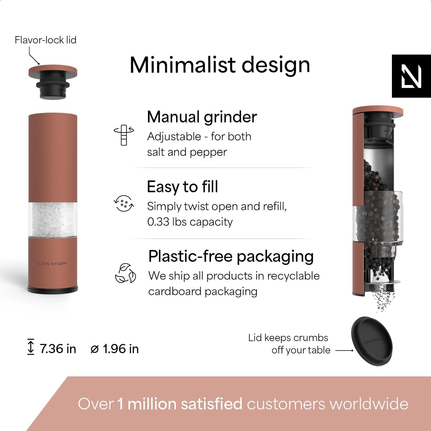 LARS NYSØM Salt and Pepper Grinder Set Manual, Stainless Steel Salt and Pepper Mills with Adjustable Ceramic Grinder I Design Spice Shakers (Brick Red)