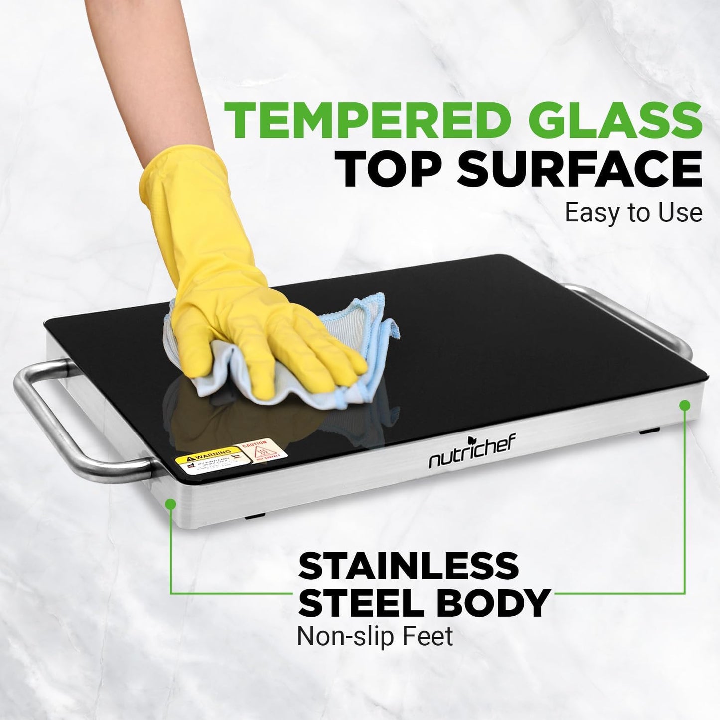 Nutrichef Electric Hot Plate Tray Dish Warmer with Black Glass Top | Ideal for Home, Buffet, Parties, Kitchen & Dinners | Portable & Perfect for Tables or Countertops | 14.5'' L x 8.6'' W