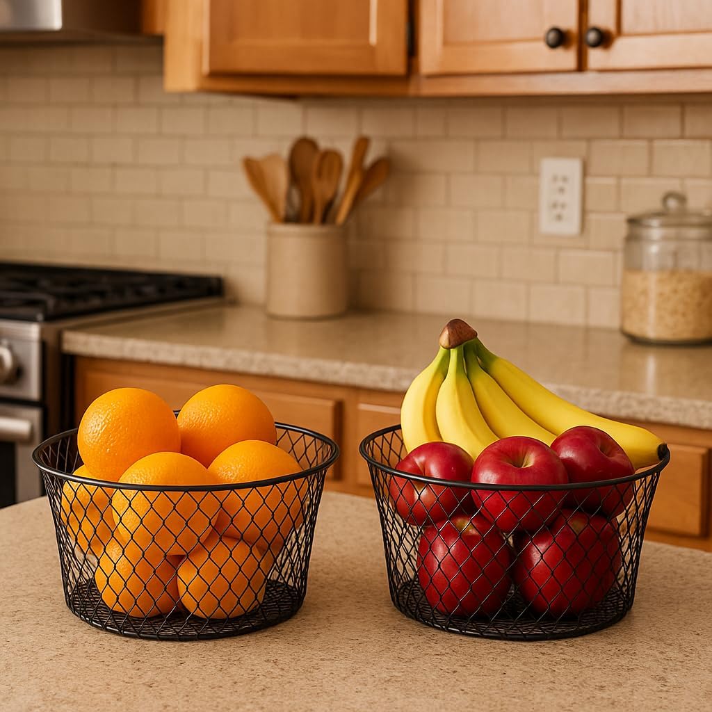 6 Pack Metal Wire Baskets for Kitchen Storage, Modern Black Countertop Fruit Bowl, Round Produce Organizer, Multi-Purpose for Fruits, Snacks, Breads