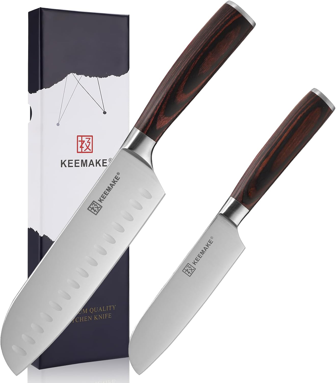 KEEMAKE Santoku Knife Set of 2pcs, Japanese Chef Knife Sets with German High Carbon Stainless Steel 1.4116 Kitchen Knives, Pakkawood Handle Knife for Kitchen