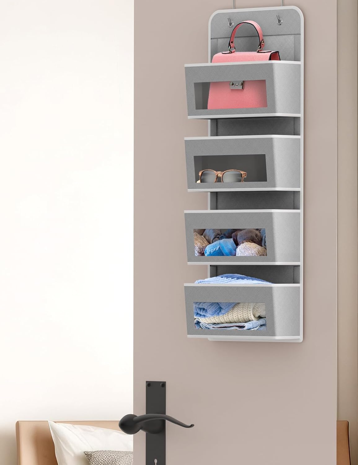 Simple Houseware 4 Clear Window Pocket Over Closet Door Storage Hanging Organizer for Bedroom, Bathroom, Pantry, Gray