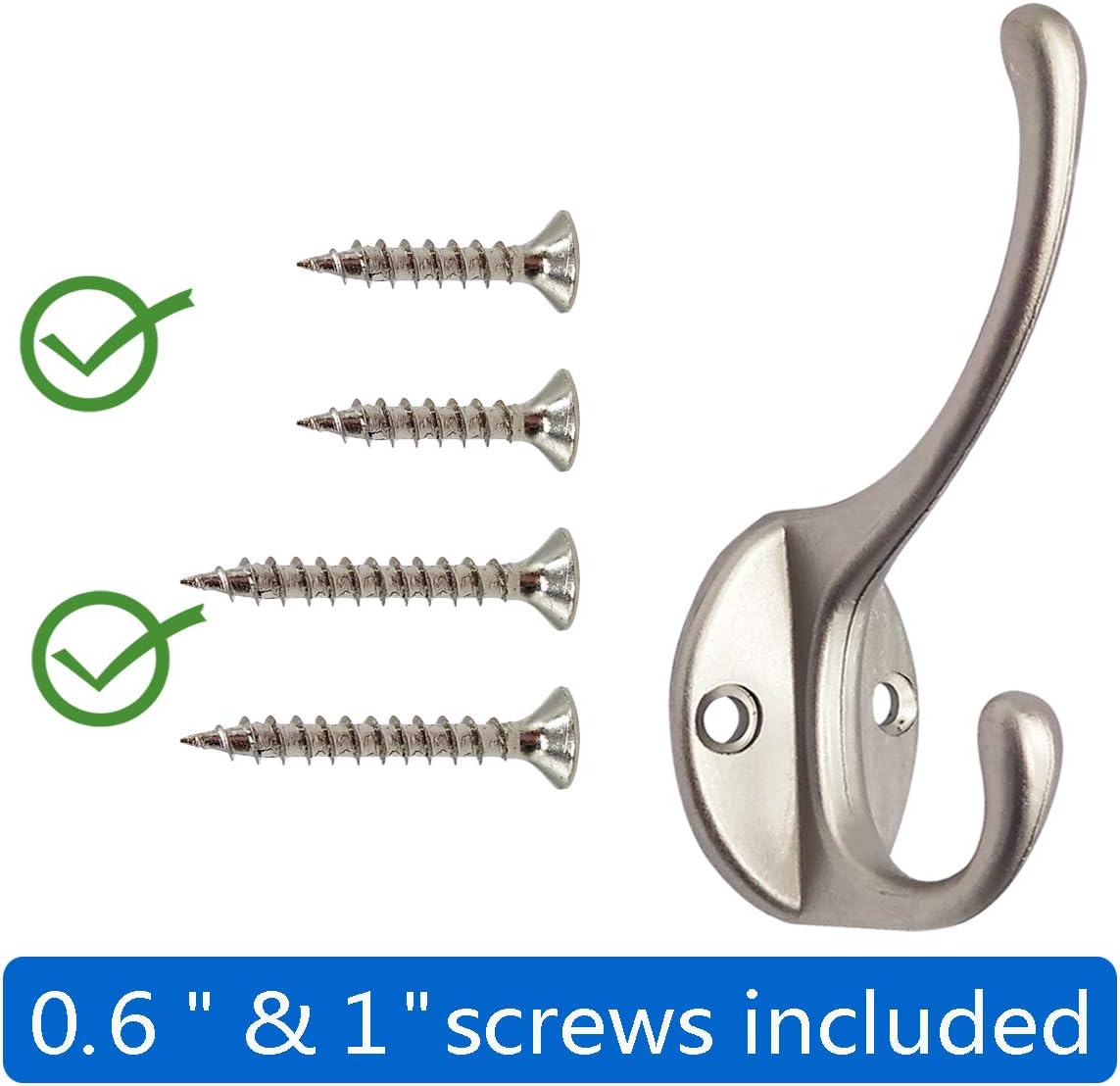 IBosins 10 Pack Heavy Duty Dual Coat Hooks Wall Mounted with 40 Screws Retro Double Hooks Utility Silvery Hooks for Coat, Scarf, Bag, Towel, Key, Cap, Cup, Hat (Silvery)