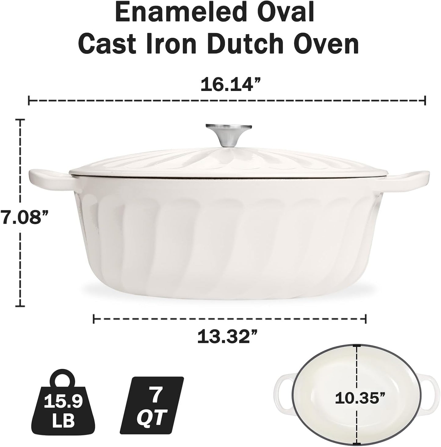 Enameled Oval Dutch Oven Pot with Lid, 7 QT Cast Iron Dutch Oven with Dual Handles for Cooking, Bread Baking, Frying, Non-stick Enamel Coated Oven (White)