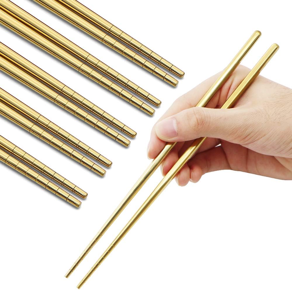 Stainless Steel Chopsticks Reusable Multicolor Lightweight 304 Metal Chopsticks Dishwasher Safe - 5 Pairs (Gold)