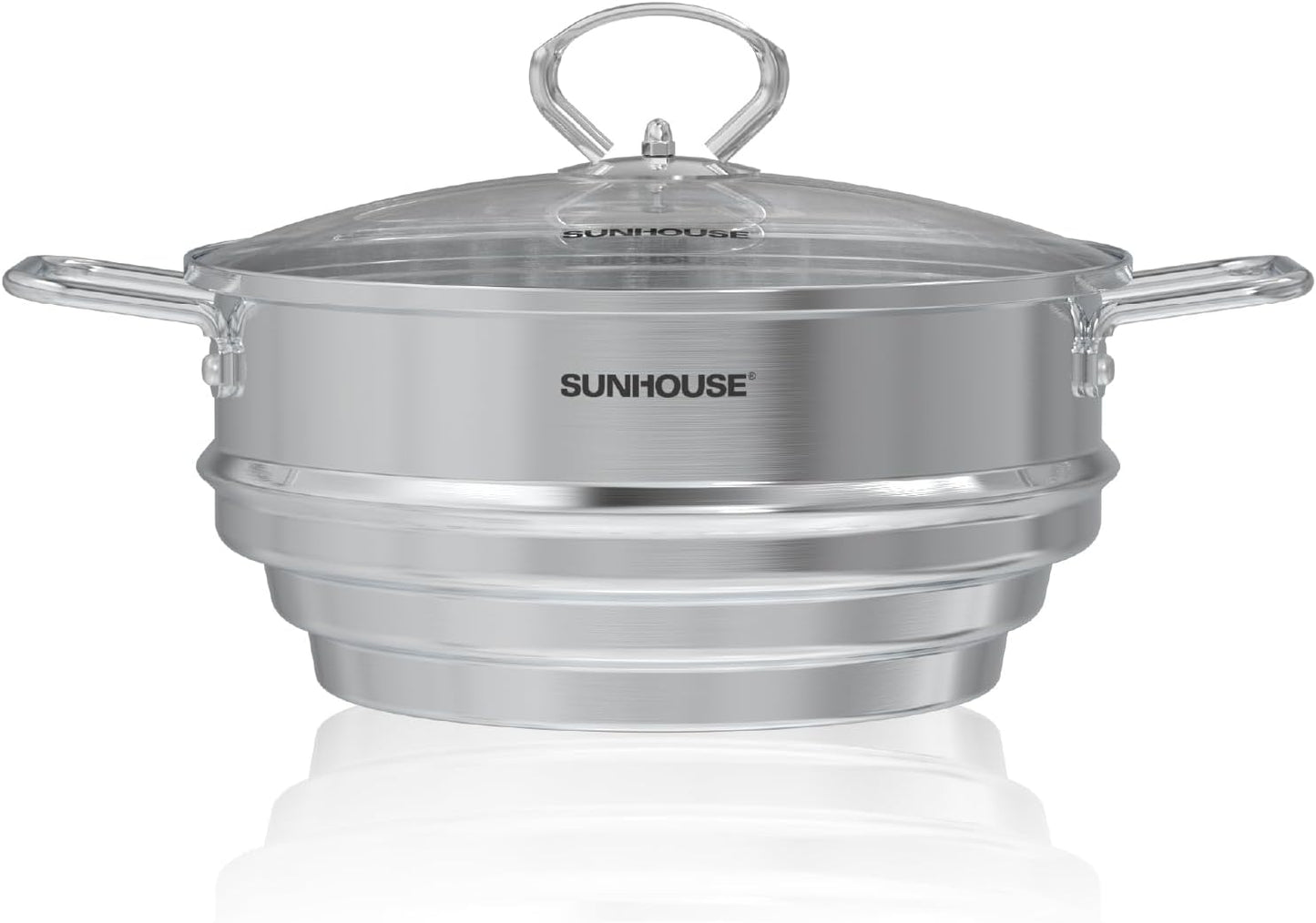 SUNHOUSE 5 Quart Stainless Steel Steamer Insert – Multi-Purpose Soup & Food Steamer with Stay-Cool Handles & Heavy-Duty Glass Lid – Fits Various Pot Sizes (8", 9", 9.5")