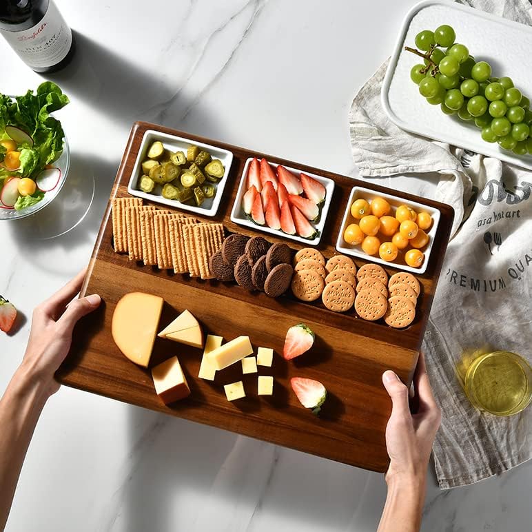 Shanik Large Acacia Wood Charcuterie Board Set with 3 Removable Ceramic Bowls & Serving Utensils - Housewarming, Wedding, Bridal Shower, Home and Kitchen, New Home Gift Ideas for Women, Gifts for Her