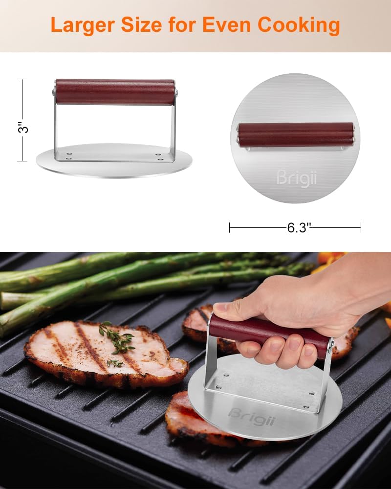 Brigii Burger Press Smasher, 1.5lb Heavy-Duty Stainless Steel, with Flat Nonstick Surface and Wooden Handle, for Hamburger Patty, Bacon, Steak, BBQ Grilling, Dishwasher Safe