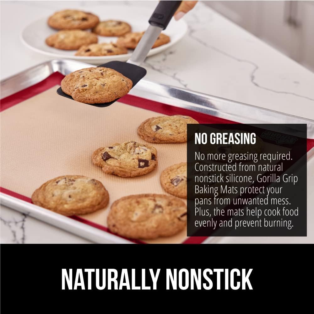 GORILLA GRIP Reusable Nonstick Silicone Baking Mat, 2 Pack, 16.5x11.87, BPA-Free Oven Safe Food Liner, For Cookie Sheets, No Mess Easy Clean Pastry Mats, Kitchen Essential, Half Sheet Size, Red