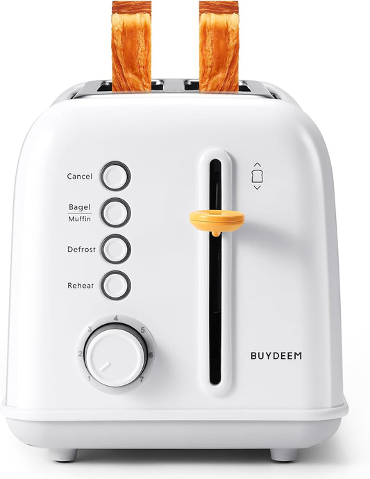 BUYDEEM DT620 2-Slice Toaster, Extra Wide Slots, Retro Stainless Steel with High Lift Lever, Bagel and Muffin Function, Removal Crumb Tray, 7-Shade Settings,Arctic White