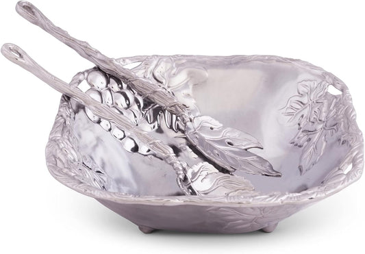 Arthur Court Designs Metal 3-Pc Grape Salad Set Bowl and Server in Grape Pattern Sand Casted in Aluminum with Artisan Quality Hand Polished Design Tarnish-Free 9.5 Inch Diameter