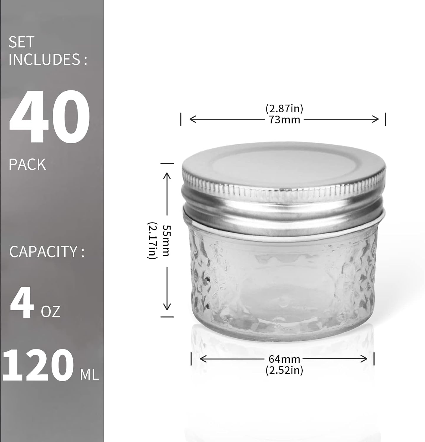 VERONES Mason Jars Canning Jars, 4 OZ Jelly Jars With One Piece Regular Lids, Ideal for Jam, Honey, Wedding Shower Favors, DIY Spice Jars, 40 PACK