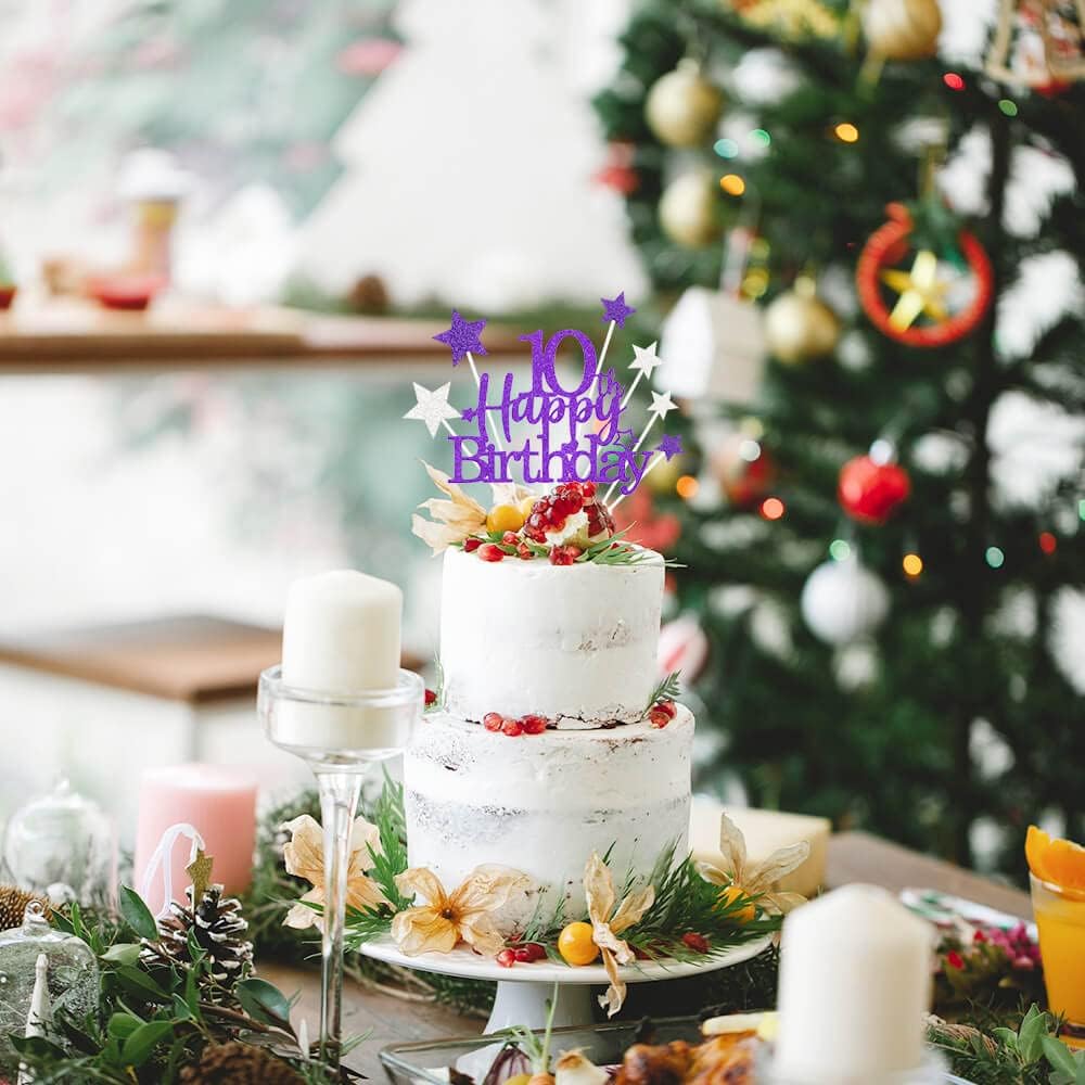 Glittery 10th Happy Birthday Cake Topper with Star,Personalised 10 Birthday Cake Toppers Party Decorations Party Supplies for Boys Girls Purple Silver