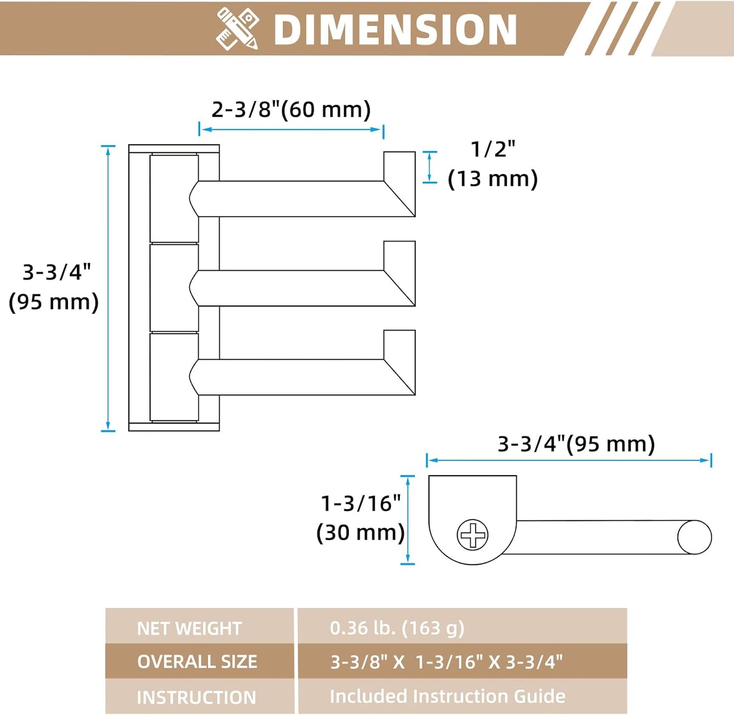 Suyar Swivel Towel Hook Polished Chrome, SUS 304 Stainless Steel Robe Holder for Bathroom with 3 Arms, 2 Pack