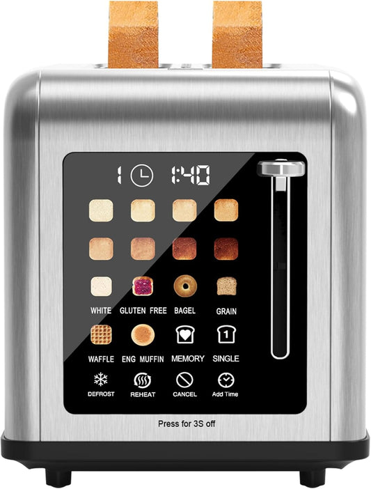 2 Slice Toaster Touch Screen, Stainless Steel Toasters Digital Timer 2 Slot Toasters, 8 Shade Settings 6 Bread Types for Bagel, Cancel, Defrost（Stainless Steel）