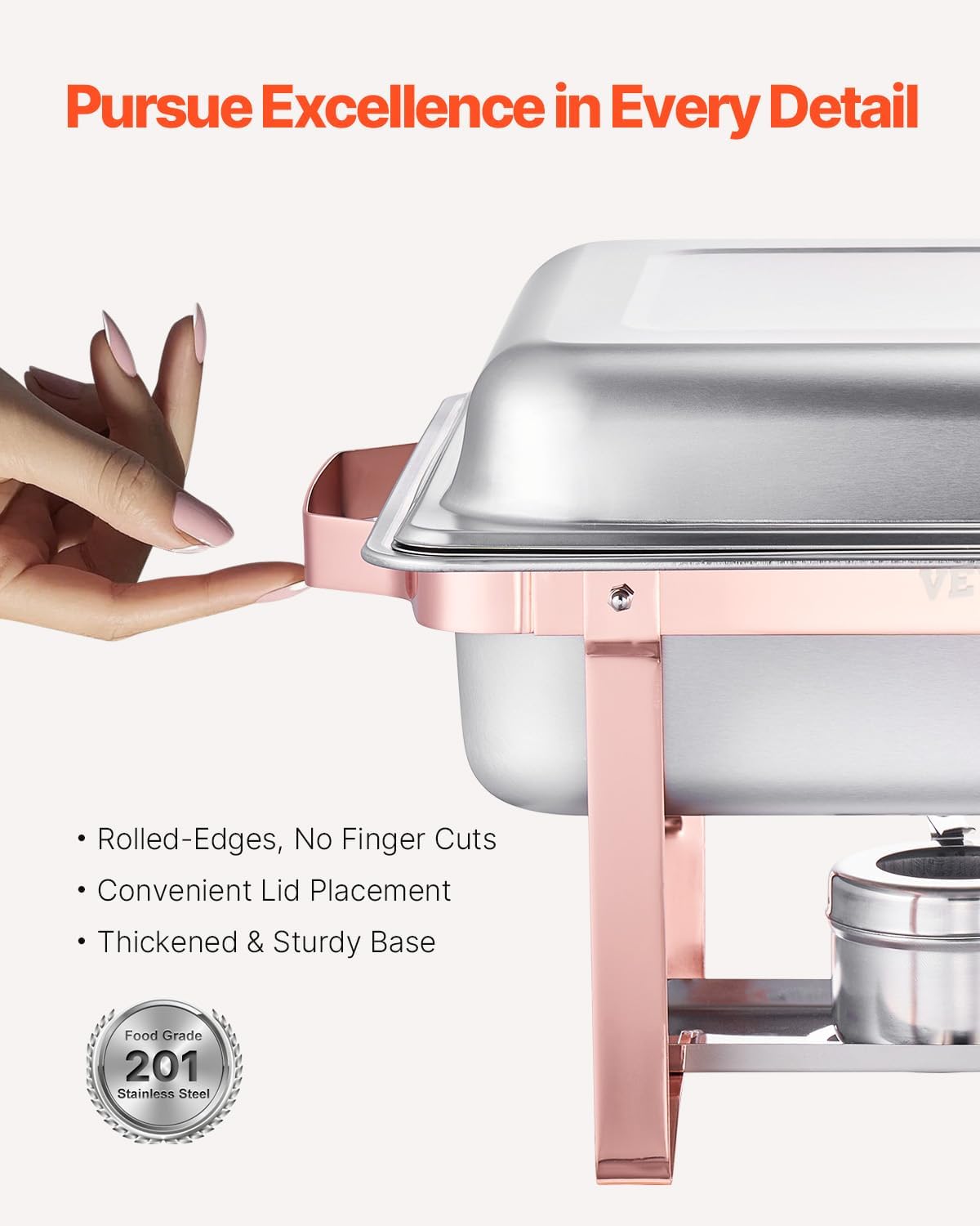 VEVOR Chafing Dish Buffet Set, 8 Qt 2 Pack, Stainless Steel Chafer with 2 Full Size Pans, Rectangle Catering Warmer Server with Lid Water Pan Stand Fuel Holder, for Wedding Party Banquet, Rose Gold