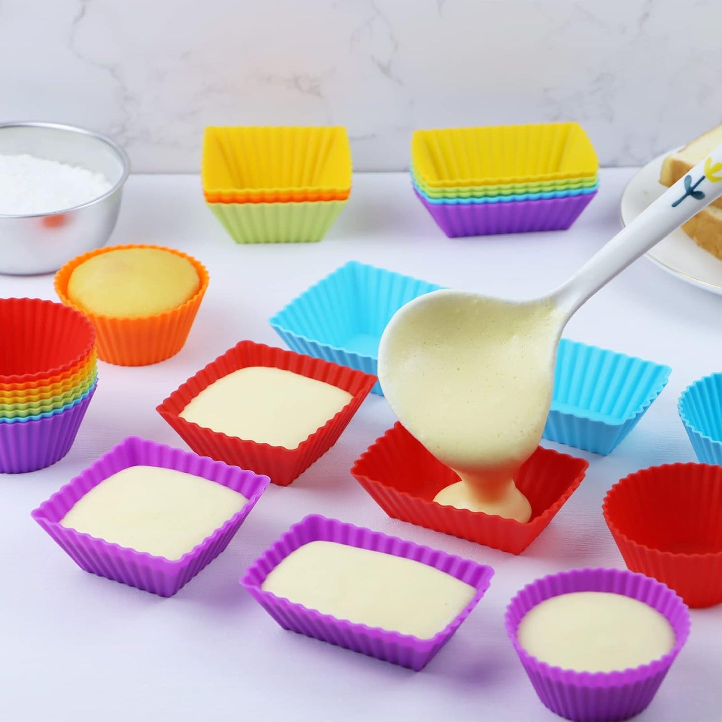 36-Pack Silicone Cupcake Liners, Reusable Muffin Cups – Round, Square & Rectangle Baking Cups, Non-Stick, Easy to Clean, Bento Box Accessories, Lunch Box Dividers for Kids(36 Liners + 20 Animal Picks)