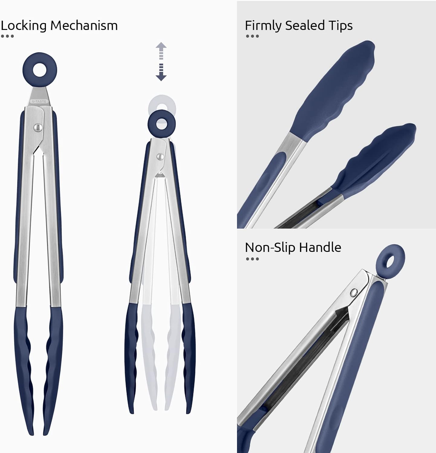 Heat Resistant Silicone Kitchen Tong: U-Taste 9 inch 480ºF Hot Proof Cooking Tong with Firm Sealed Non Stick Rubber Tips & Silicon Coated Steel Handle & Smooth Locking for Serving Grill(Midnight Blue)