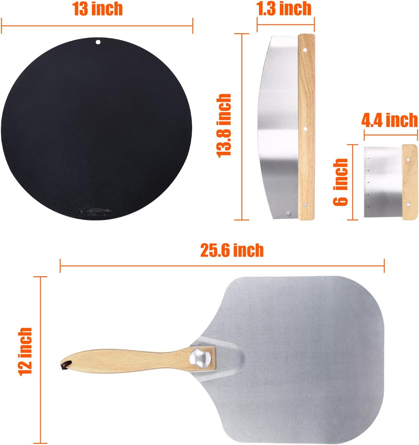 Hisencn 13" Round Pizza Steel for Oven & Grill – Ceramic Baking Steel Pizza Stone Set with Rack, Pizza Peel, Cutter & Dough Scraper, Crack-Resistant & High Heat Conductivity for Crispy Crust