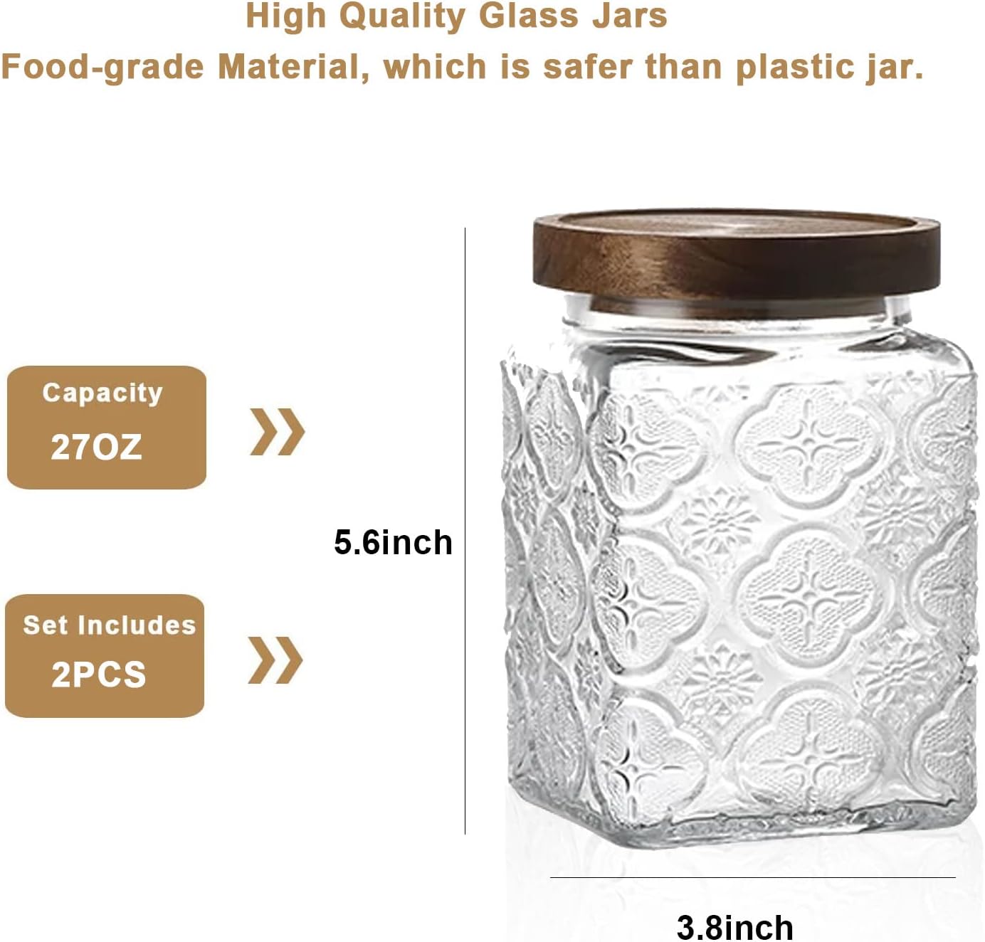 Snminetal Vintage Glass Airtight Storage Jar Set of 2, With Airtight Wood Lid, Kitchen Food Storage Containers,Suitable for storage Tea leaves,Coffee Beans,dried fruits, cereals, etc(Plum pattern)
