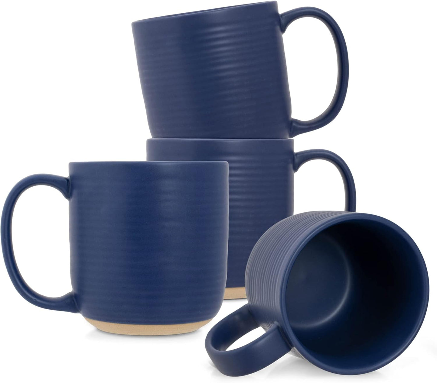 Elanze Designs Ribbed Ceramic Stoneware 16 ounce Raw Clay Bottom Coffee Mugs Set of 4, Royal Blue