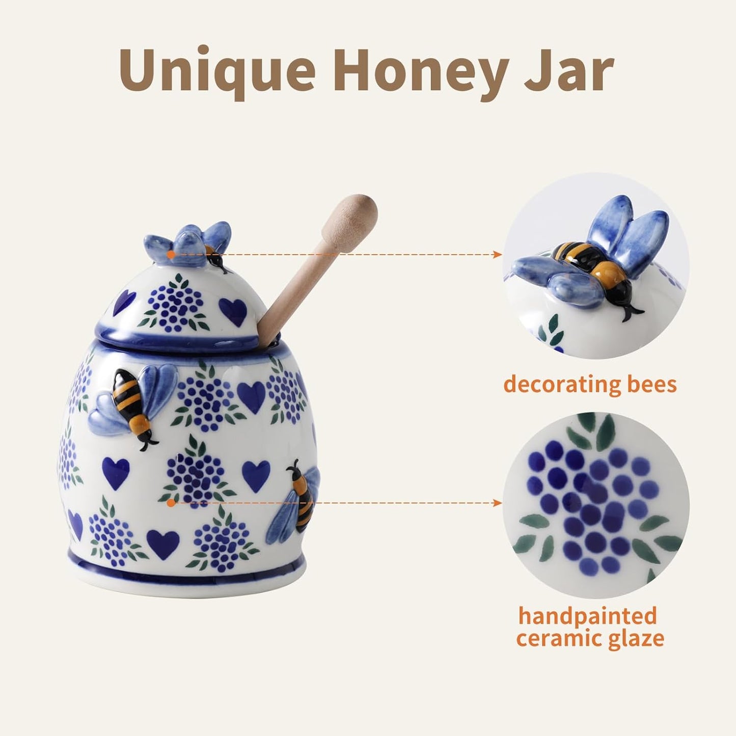 ZOOBEE Ceramic Honey Pots with Dipper and Lid Farmhouse Style,10oz Honey Dispenser No Drip,Handpainted Honey Jars with Bees,Easily Wash-Deep Love